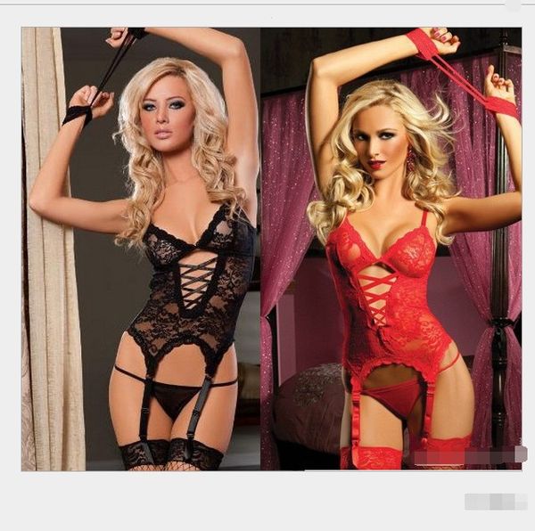

new underwear foreign trade europe and america perspective three-point suit including garter female prisoners outfit suit new, Red;black