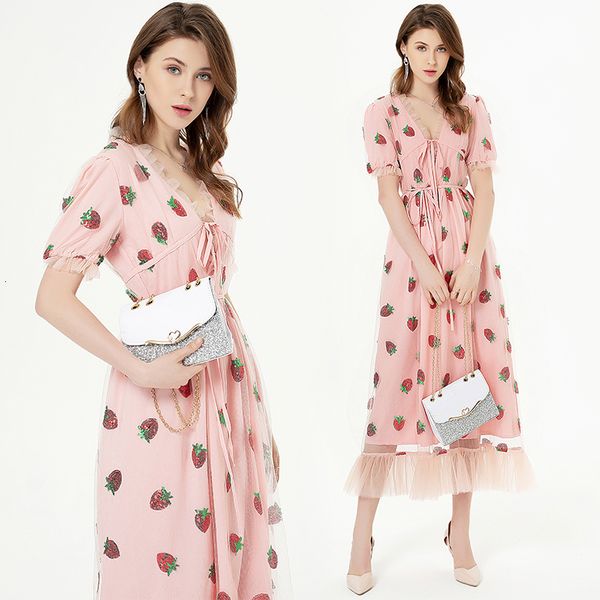 

2021 new s-xxl strawberry sequined embroidery women v-neck sleeve bow cute cascading ruffles pink mesh long plus size fbig, Black;gray