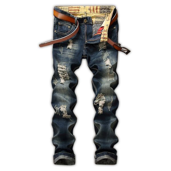 

2d european and american mens jeans new product hole patch foreign trade straight trousers foreign trade quality pants, Blue
