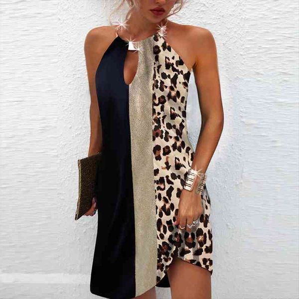 

vintage metal halter party dresses women elegant backless sleeveless summer dress fashion leopard printing patchwork mini dress, Black;gray