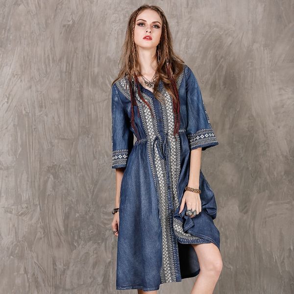 

women's 2020 autumn new embroidered large size v-neck drawstring dress skirtdenim skirt denim skirtdress 8171 c8ghw, Black;gray