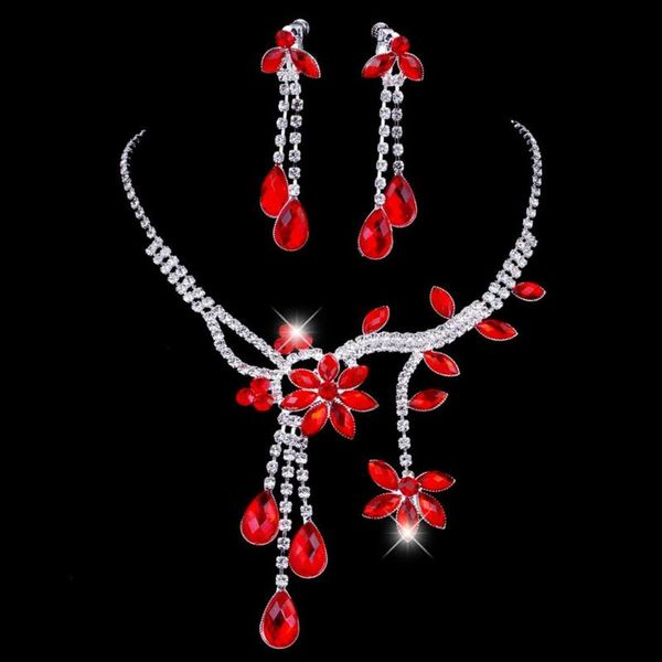 

women wedding party bridal floral tassel drop rhinestone earrings necklace jewelry set, Silver