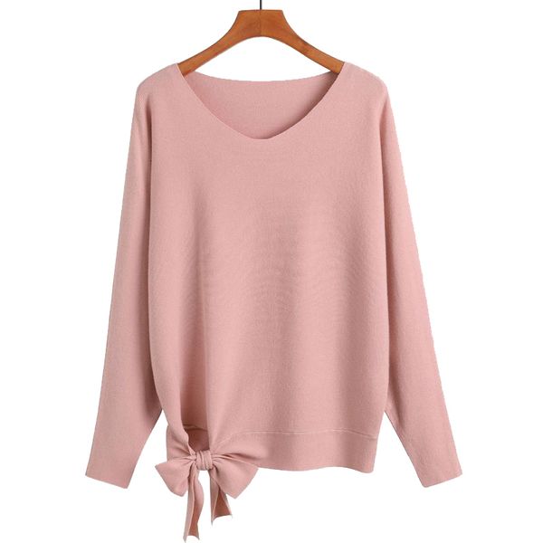

2021 new oversized v neck women sweater knot batwing sleeve knitted sweaters elegant autumn winter pullovers jersey mujer pcc8, White;black