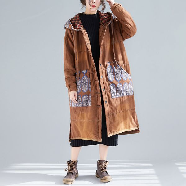 

johnature print floral vintage parkas for women warm cloths patchwork hooded coats button pockets plus size winter women parkas 201029, Black