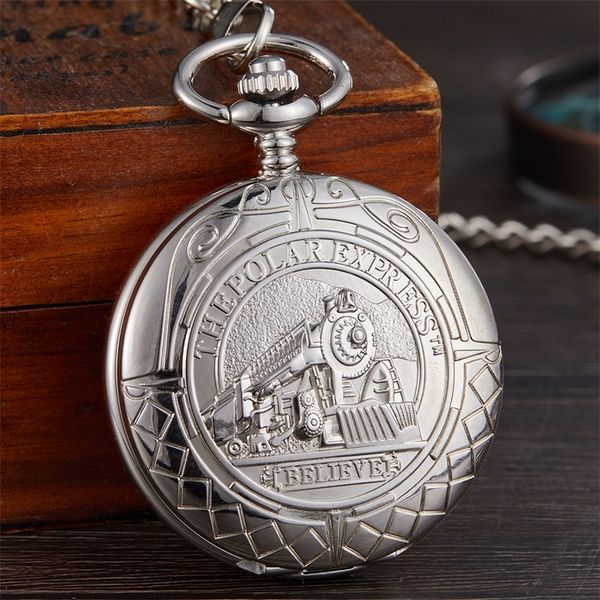 

retro silver train front design pocket watch carving necklace pendant vintage mechanical pocket watch fob chain men women clock t200502, Slivery;golden