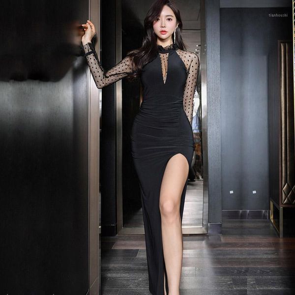 

autumn maxi party dress ladies stand neck full sleeve dot flare sleeve bodycon high split mesh patchwork long dresses1, Black;gray