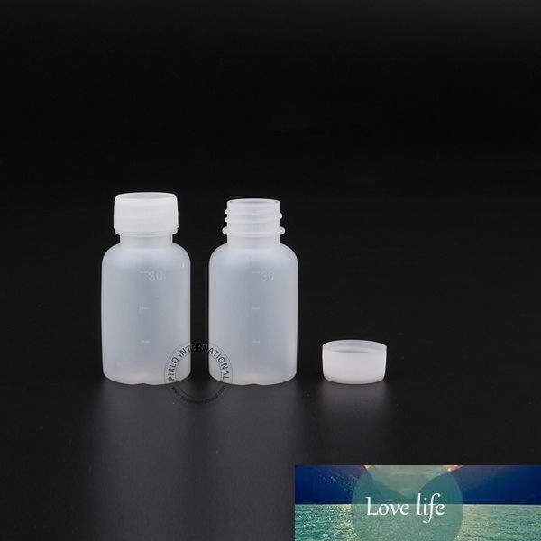 Spedizione gratuita!! Bottiglia di plastica bianca all'ingrosso da 30 ml / 30 cc per medicina liquida, contenitori in PE da 1 oz con scala per reagente 50 pz / lotto
