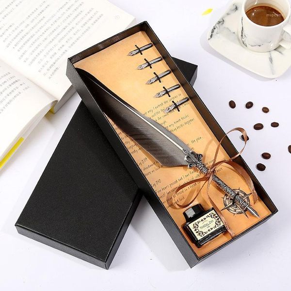

retro vintage calligraphy feather pen long hair crown rod office writing stationery set exquisite black box packaging1