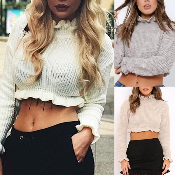 

women solid color ruffled high neck long sleeve knitted cropped sweater short style slim nylon/ polyester/spandex women's1, White;black