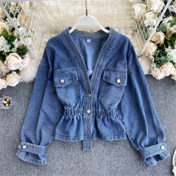 

2021 new retro denim jacket women spring new temperament v-neck buckle slim short lotus leaf hem gw0i, Black;brown