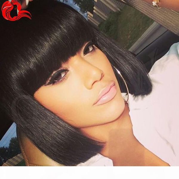 

lace front short bob human hair wigs with bangs glueless straight peruvian virgin hair short human hair wig bob style for black women, Black;brown