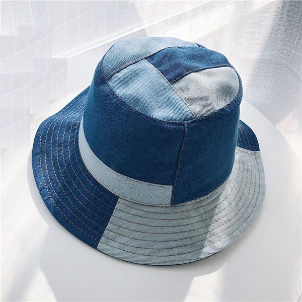 

Bucket Hat Women Summer Hats and Caps Patchwork Washed Denim Bucket Hat Hip Hop Solid Wide Brim Cotton Beach Fishing Cap, Blue;gray