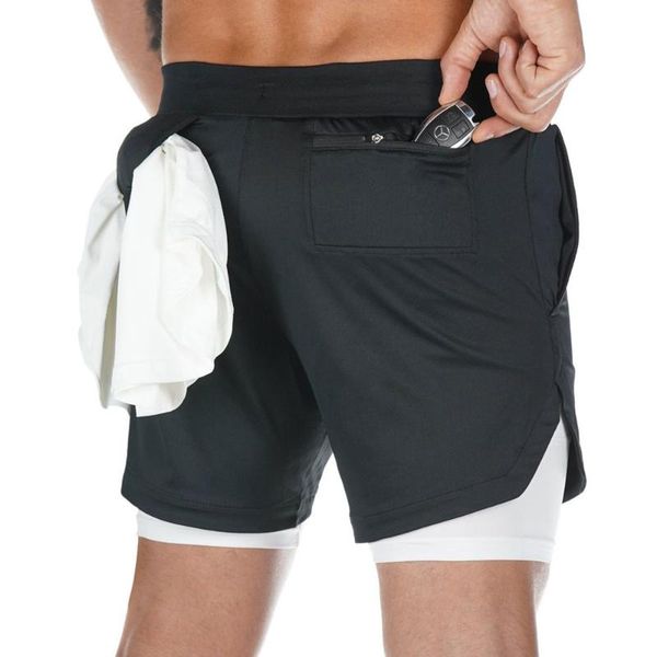 

running shorts 2 in 1 men sports short pants double layer built-in pocket black quick dry training bermuda gym fitness clothing, Black;blue