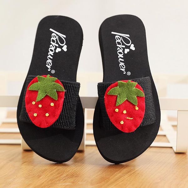 

women' parent-child flip flop lovely cartoon open toe flats sandals beach shoes girls casual letter strawberry printing shoes1, Black;grey
