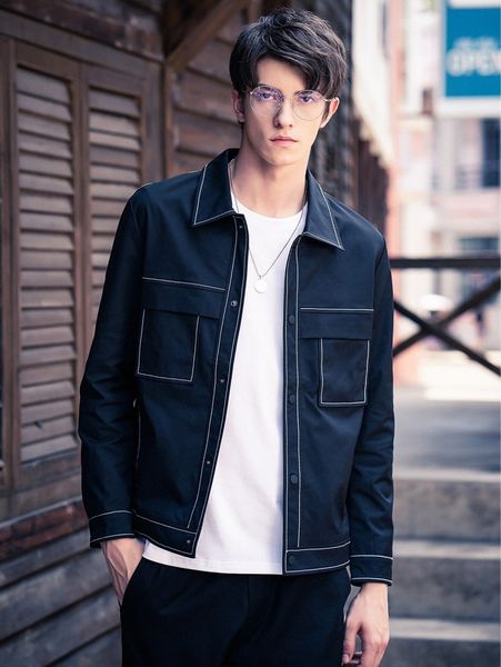

men stitch detail flap pocket jacket 45qp#, Black;brown