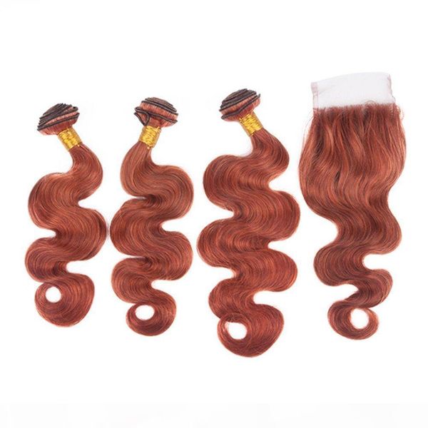 

reddish brown indian human hair body wave 3bundles with closure 4pcs lot #33 dark auburn lace closure 4x4 with weaves copper red bundles, Black
