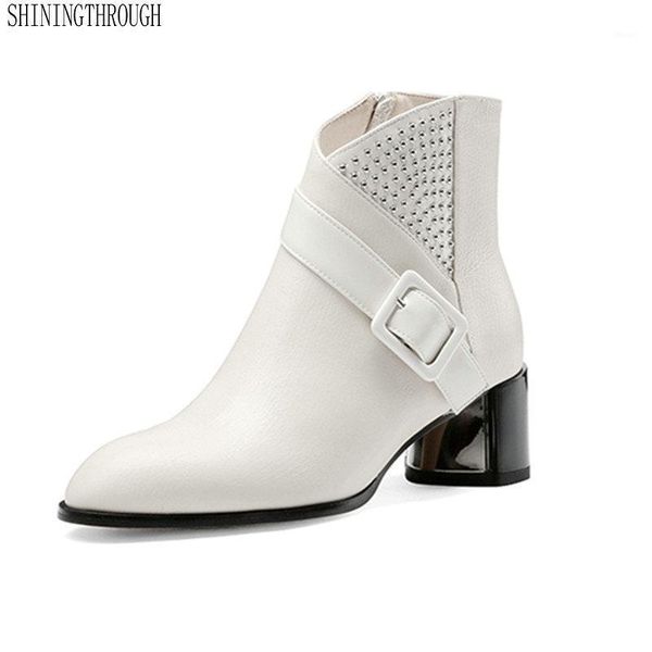 

women ankle boots buckle metal decoration genuine leather high heels warm basic office party shoes woman1, Black