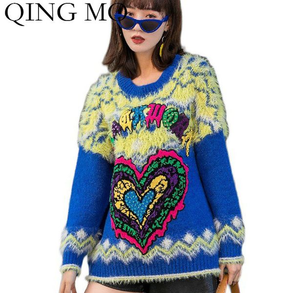 

qing mo blue white women pullovers sweater women colorful letter sweater female heart shape sweater with rhinestone zqy6224 h1211, White;black
