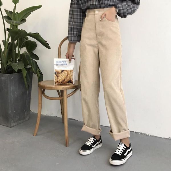 

women's pants & capris women loose solid corduroy high waist pockets womens long trousers korean style leisure all-match simple trendy, Black;white