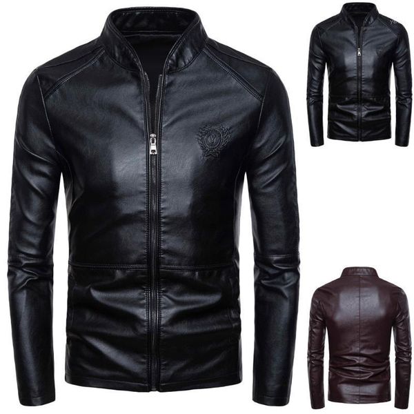 

men's leather jacket autumn winter retro solid stand collar jacket and coat long sleeve coats mens vintage leather jackets 20201, Black;brown