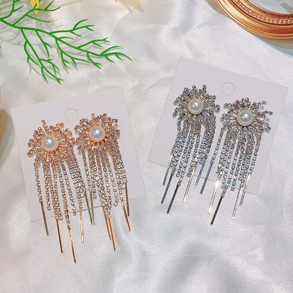 

fyuan shine firework crystal drop earrings for women long tassel korean style pearl earrings weddings party jewelry gifts, Silver