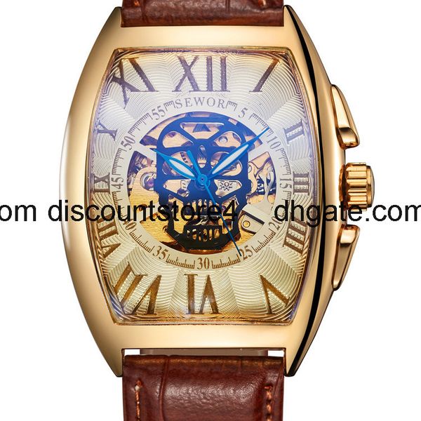 

sewor mechanical watch square hollow through men's mechanical belt watch, Slivery;brown