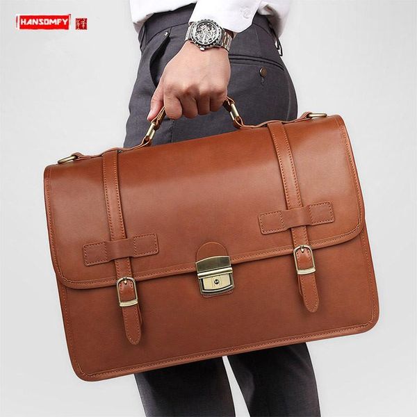 

men's briefcase men business lock handbag male lapbag travel shoulder bags real genuine leather large capacity waterproof