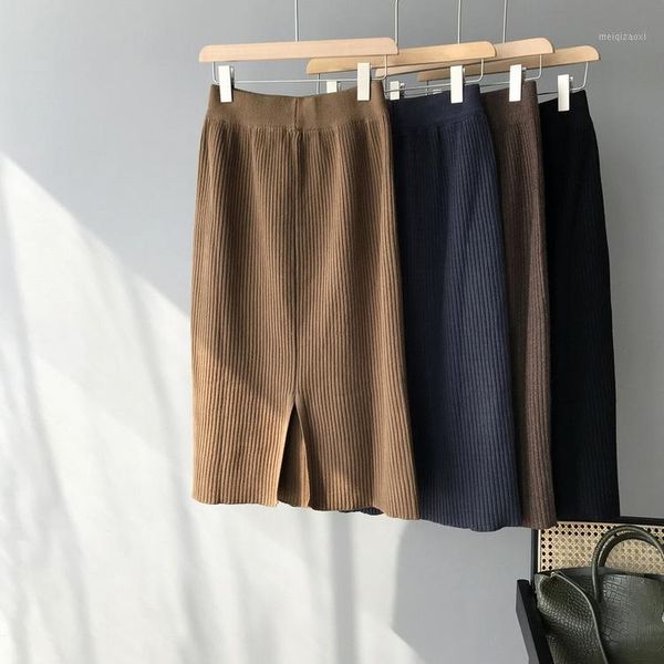 

high waist pit strip knitted skirt women winter 2020 solid color thin a-line split skirt1, Black