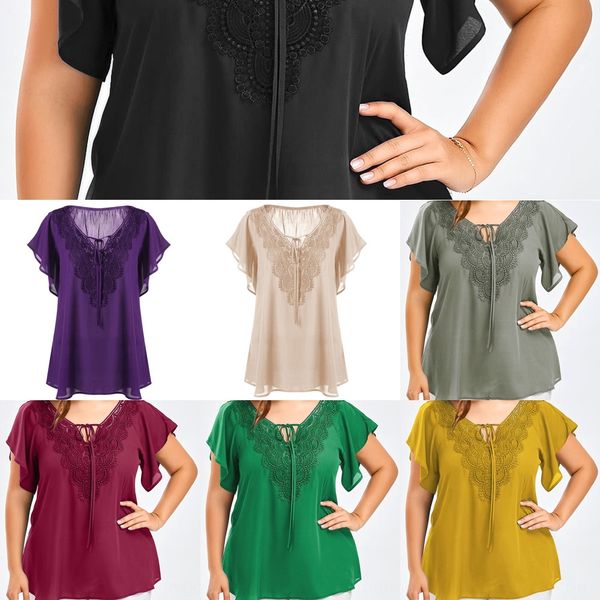 

large size women's v-neck lace stitching horn short-sleeved for women large size women's v-neck lace stitching horn short-sleeved, White