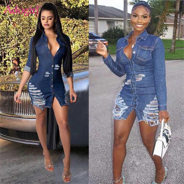 

adogirl women holes jeans dress buttons up turn down collar long sleeve denim mini night club party dresses autumn outfits1, Black;gray