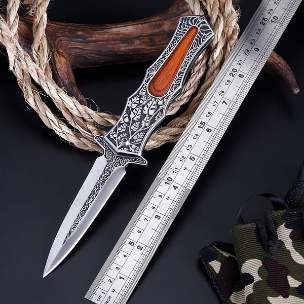 Aço inoxidável esculpida punho de madeira táticas táticas de alta dureza de caça facas de caça ao ar livre sobrevivência multifuncional dobrável hw25