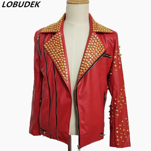 

hand sewing rivet punk motorcycle leather jacket red black artificial leather coat rock singer dancer stage clothes bar costume1