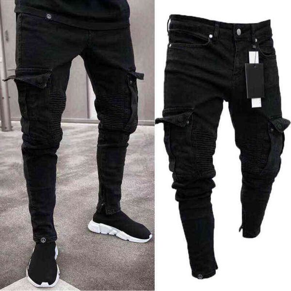 Erkekler Biker Yırtık Uzun Denim Pantolon Skinny Kot Pantolon Yıkılan Sıkı-Siyah Pantolon G0104
