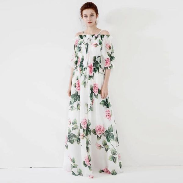 

half lantern sleeve floor-length elegant party dress 2020 spring and summer women's flower print slash neck bohemian beach dress1, Black;gray