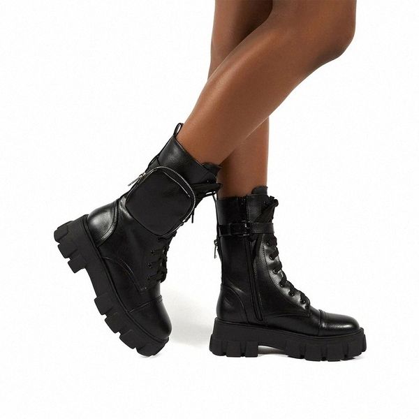 

boots fashion pocket platform boots women lace up ankle female sole pouch ankle women botas mujer plus size #cm5v, Black