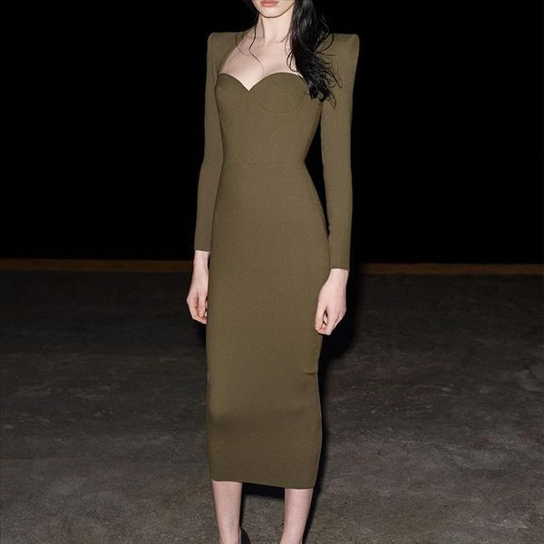 

взлетно-посадочная полоса новая мода креплый платье с длинным рукавом с длинным рукавом 2020 осень зима зеленый midi bodycon платье клуб, Black;gray