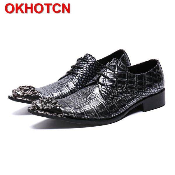 

dress shoes silver alligator skin men business metal pointed toe sapato social masculino lace up genuine leather italian oxfords, Black