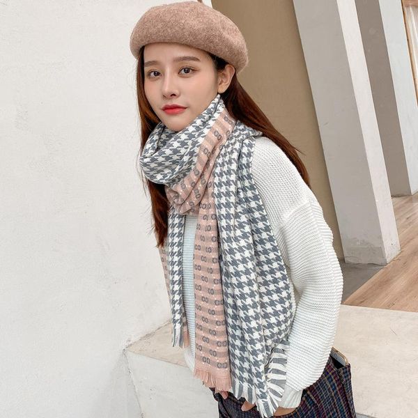 

scarves ouoi scarf women autumn and winter fashion 2021 plaid thick warm houndstooth ]shawl head headwraps for, Blue;gray