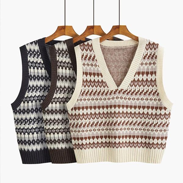 

v-neck knitted sweater vest women's new 2021 spring autumn waistcoat short sleeveless casual lattice jacket female w282, Black;white