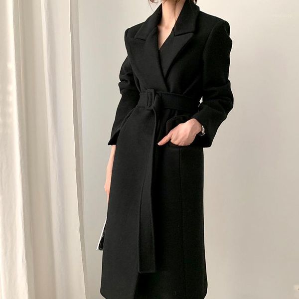 

genayooa winter coat woman wool blend trench with belt warm winter wool coat women long sleeve female long korean style1, Black