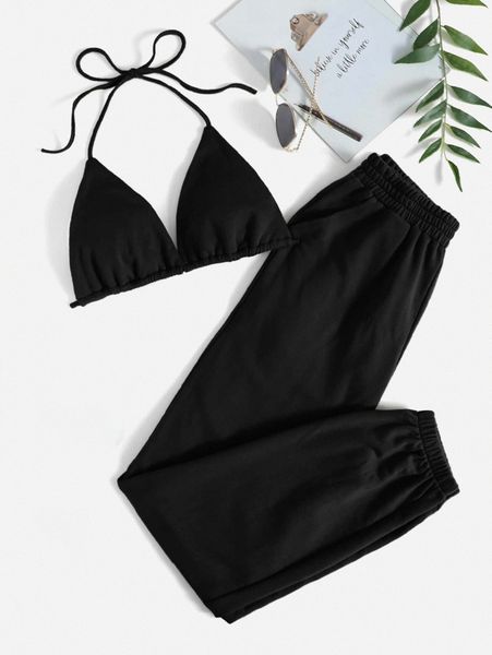 

solid crop halter & sweatpants a8qm#, White