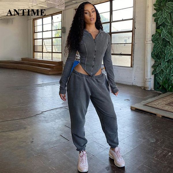 

antime autumn hoodies skinny sweatpants zipper streetwear solid long sleeve women fashion 2 piece set fitness matching sets 201119, White