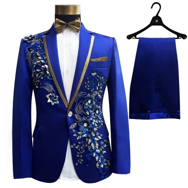

three pieces set suits men's singers perform stage show sequins embroidered flower red blue pink wedding suit costume homme 201123, White;black
