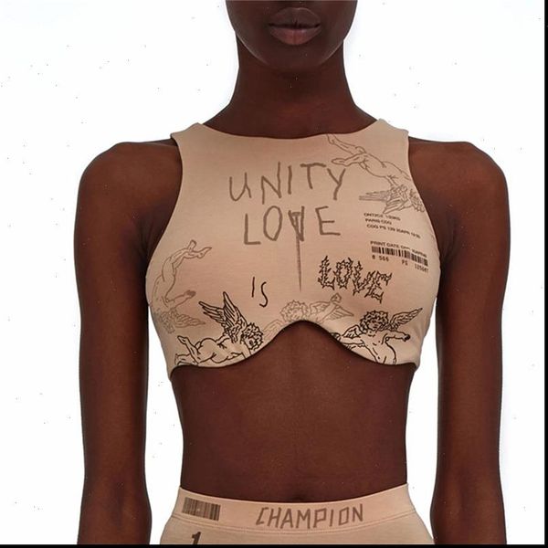 

2021 fashion womens summer new stylish letter print cropped wrapped elastic casual party round neck tanks vest sun, White