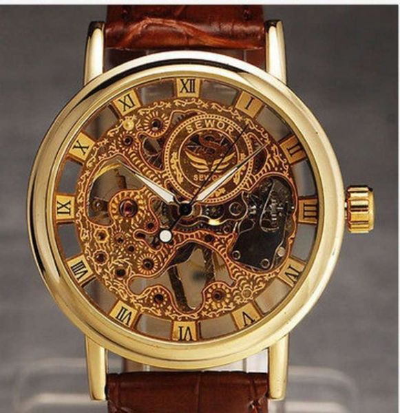 

sewor gold hollow out manual mechanical sports business leather leisure men's watch unisex