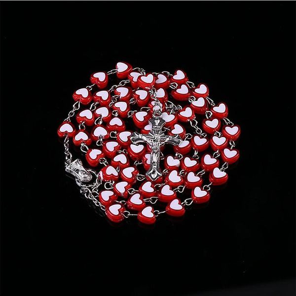 

pendant necklaces heart shaped crystal catholic rosary necklace, madonna girl cross long chain, maria center, Silver