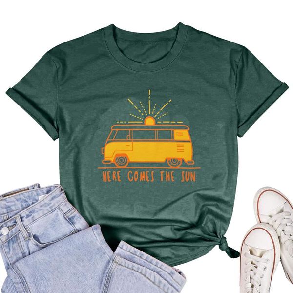 

women's t-shirt he re comes the sun letter tee shirt women summer casual loose round neck short sleeve cute bus print 2021 harajuku, White