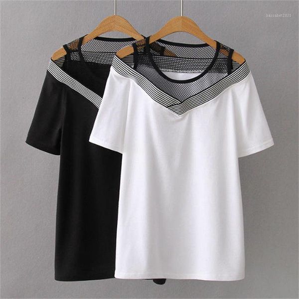

women's t-shirt plus size patchwork off the shoulder women t shirt 2021 white & black short sleeve tshirt summer tee shirt1