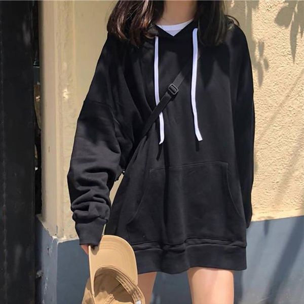 

hoodies women autumn winter girls solid long sleeve hooded pollover fall inverno korean style women sweatshirt polerones mujer, Black