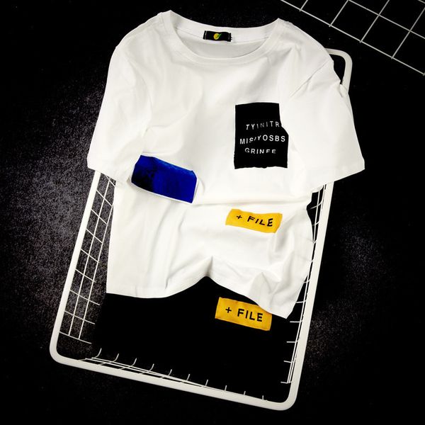 

hip hop patch short sleeve men's fatter plus size youth t-shirt chubby loose thin summer, White;black